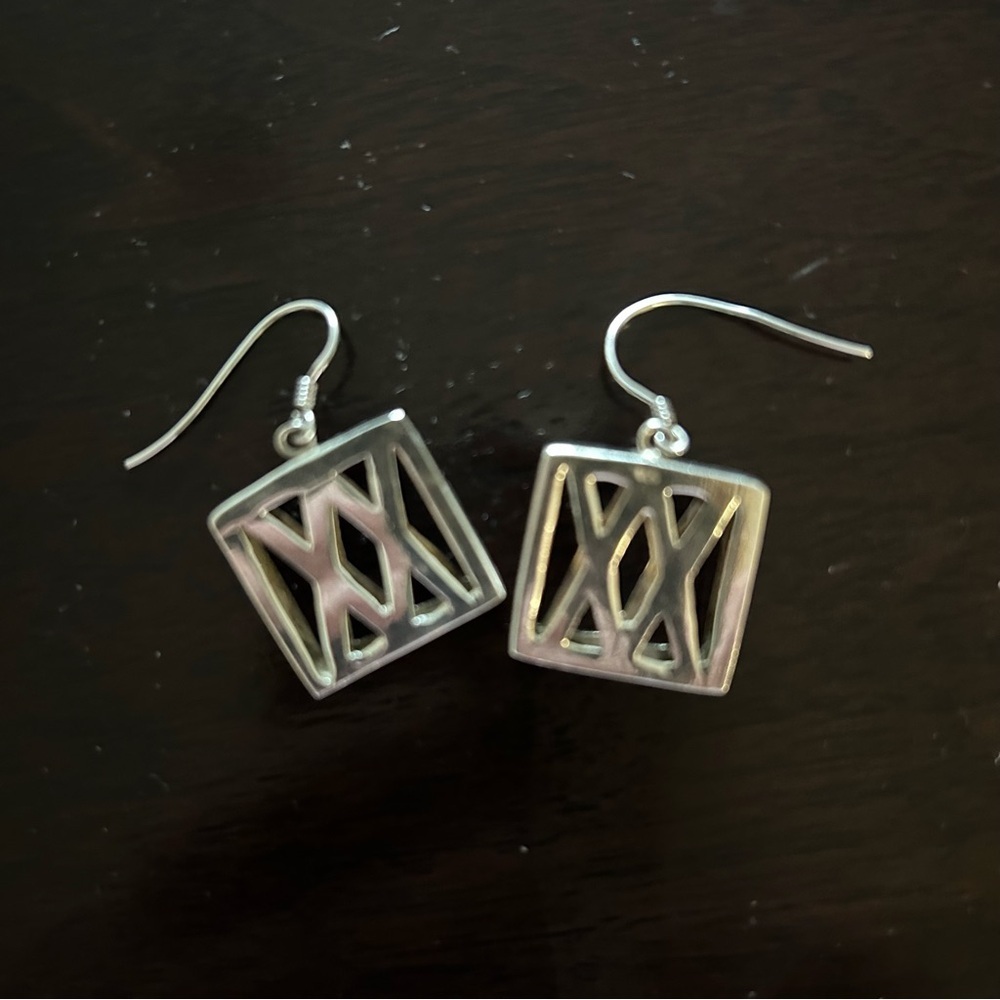 Sterling Silver Square Artisan Drop Earrings - Picture 2 of 2